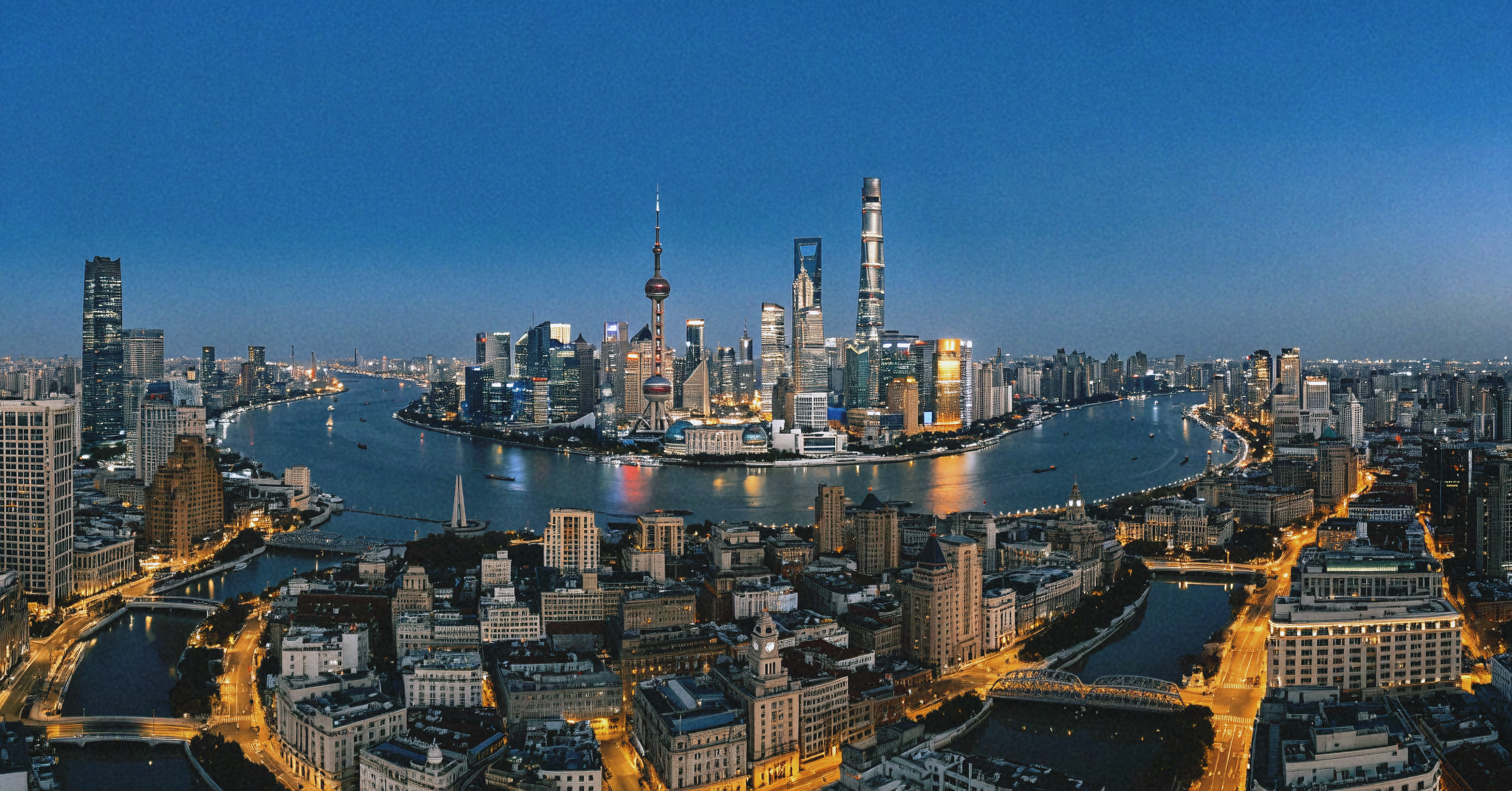 Aerial skyline of Shanghai and the Huangpu River